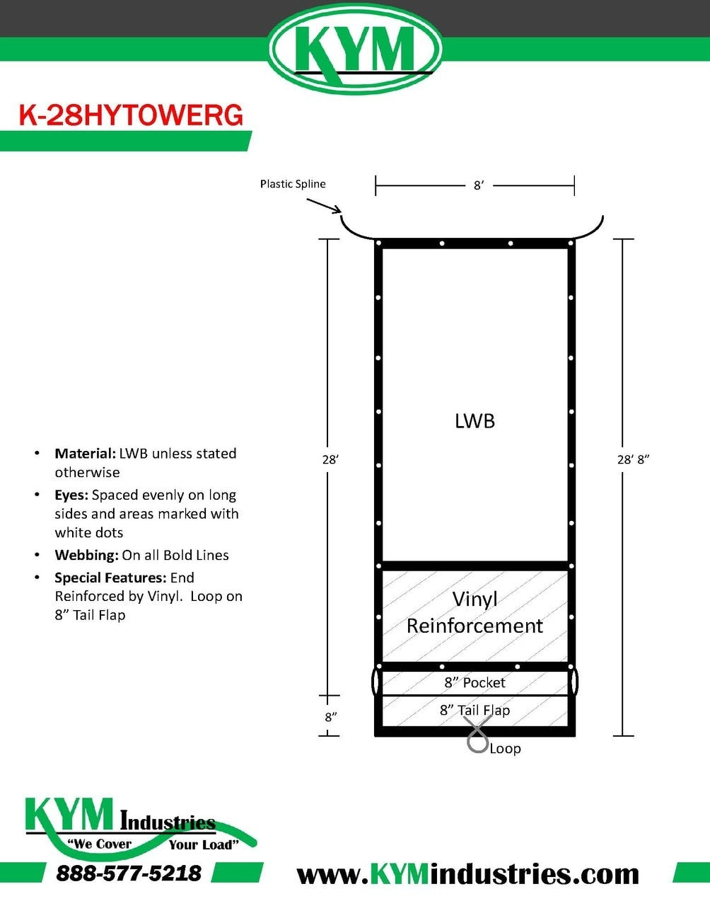 Hy-Tower Style LWB Straight Cut Tarp with Tail Flap and Plastic Spline 8' X 28'8" - kym-industries